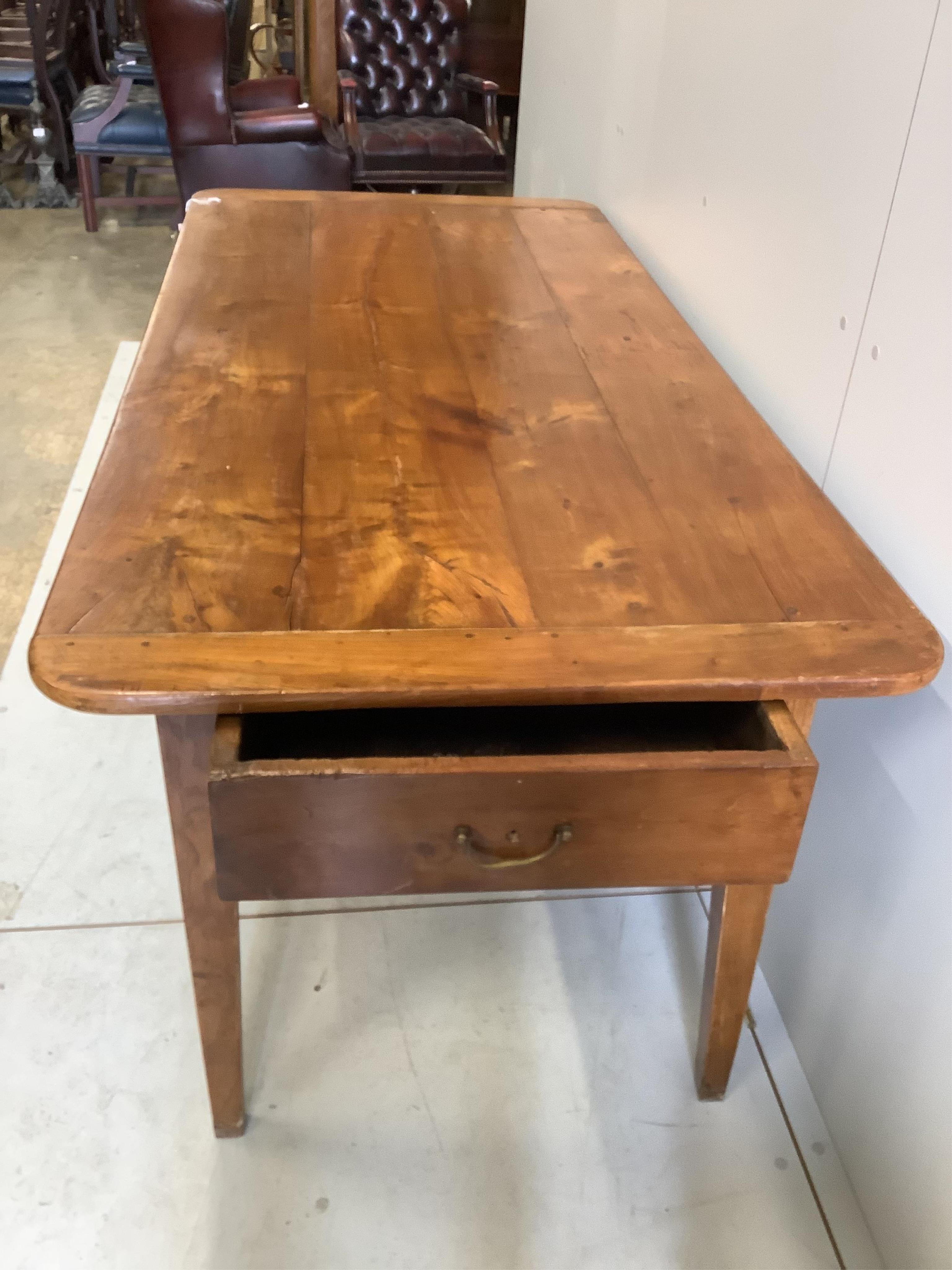 A 19th century French rectangular cherry two drawer kitchen table, width 178cm, depth 84cm, height 72cm
